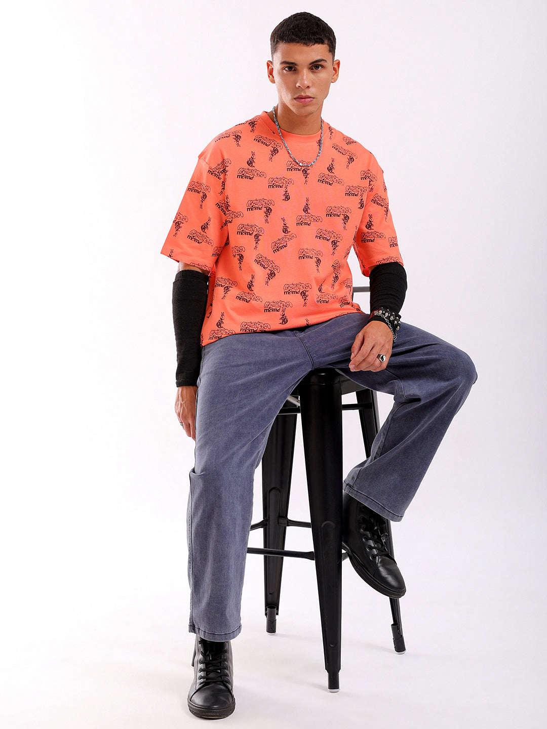 Men's Orange Oversized Fit Printed T-Shirt