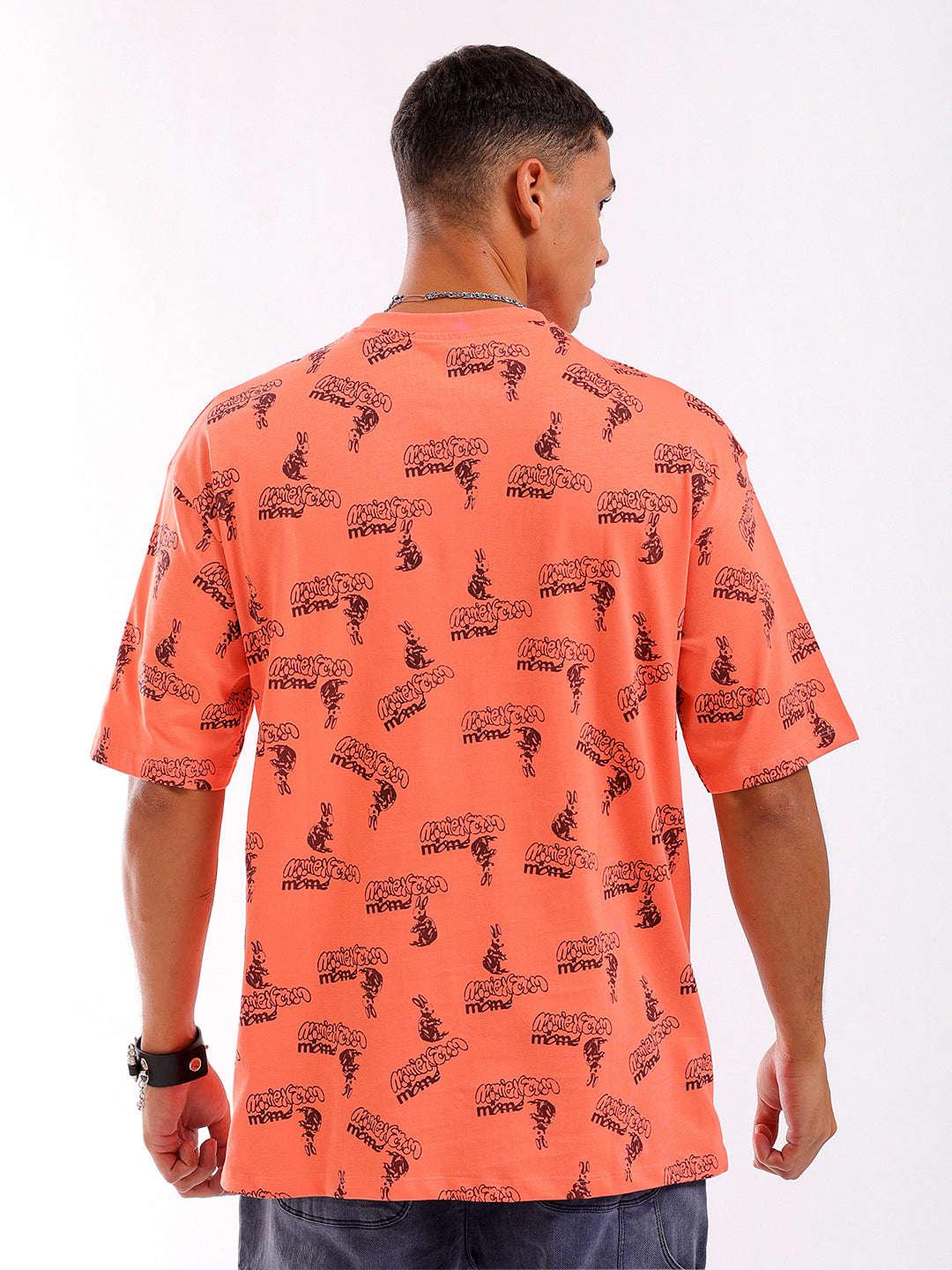 Men's Orange Oversized Fit Printed T-Shirt