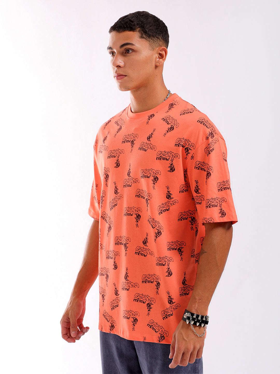 Men's Orange Oversized Fit Printed T-Shirt