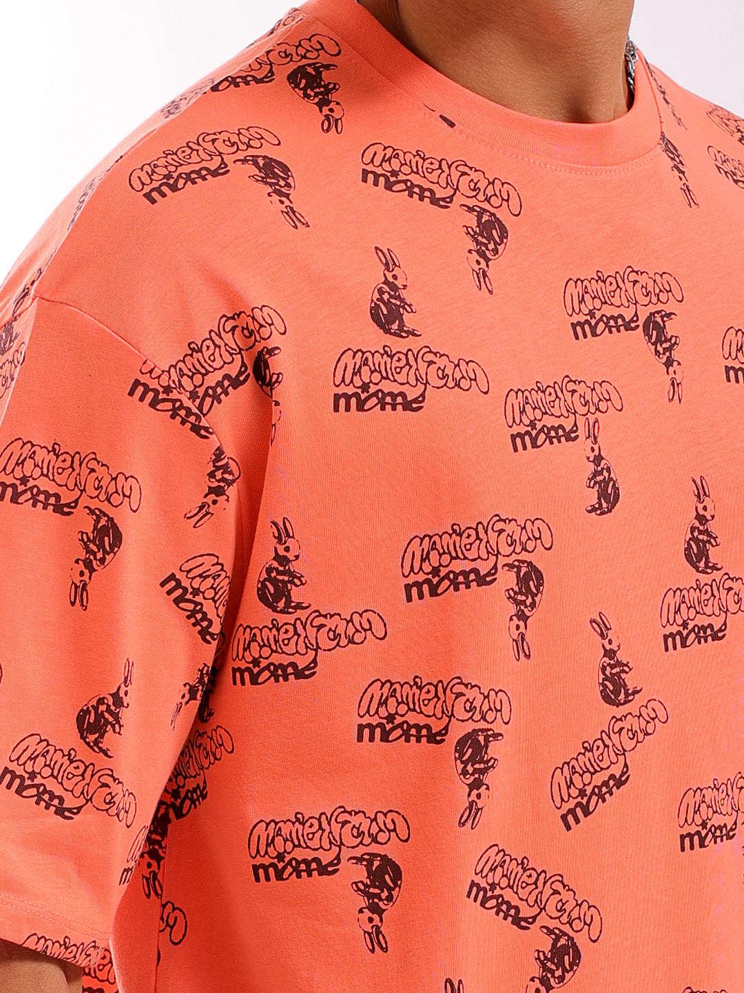 Men's Orange Oversized Fit Printed T-Shirt