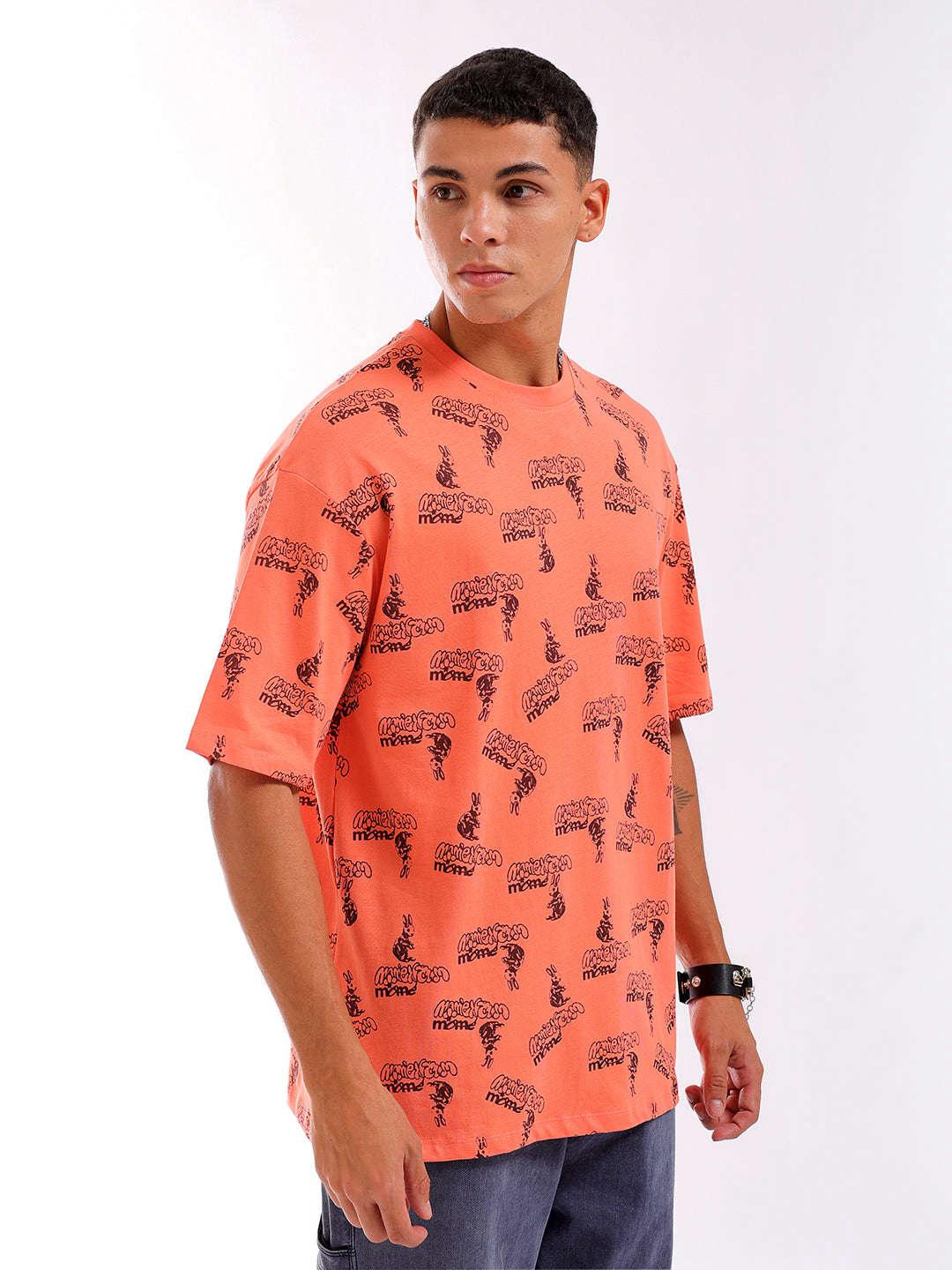 Men's Orange Oversized Fit Printed T-Shirt