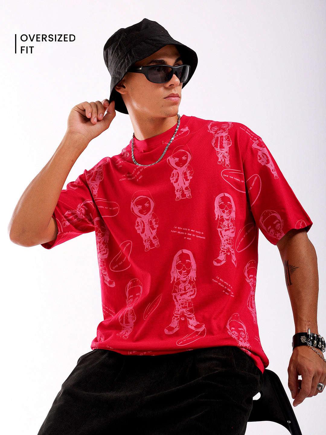 Men's Red Oversized Fit Printed T-Shirt