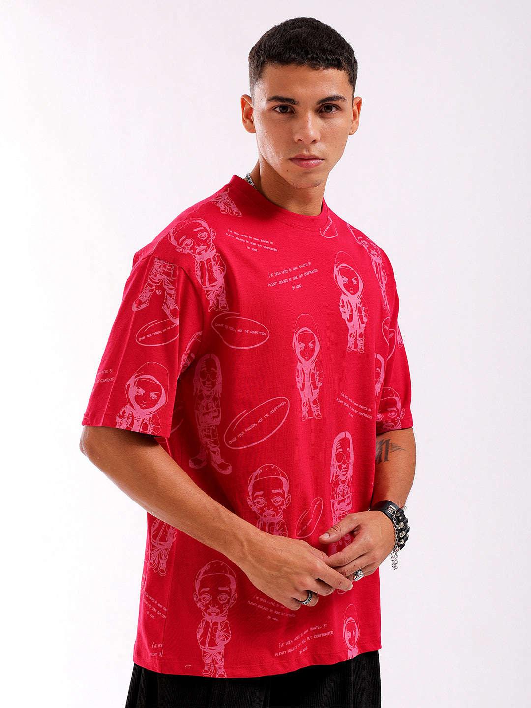 Men's Red Oversized Fit Printed T-Shirt