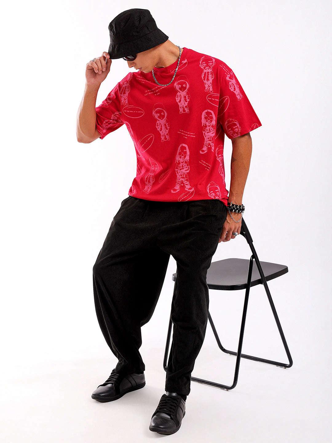 Men's Red Oversized Fit Printed T-Shirt