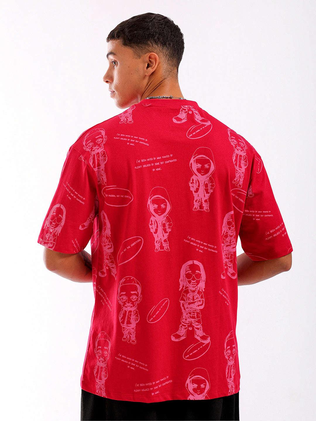 Men's Red Oversized Fit Printed T-Shirt