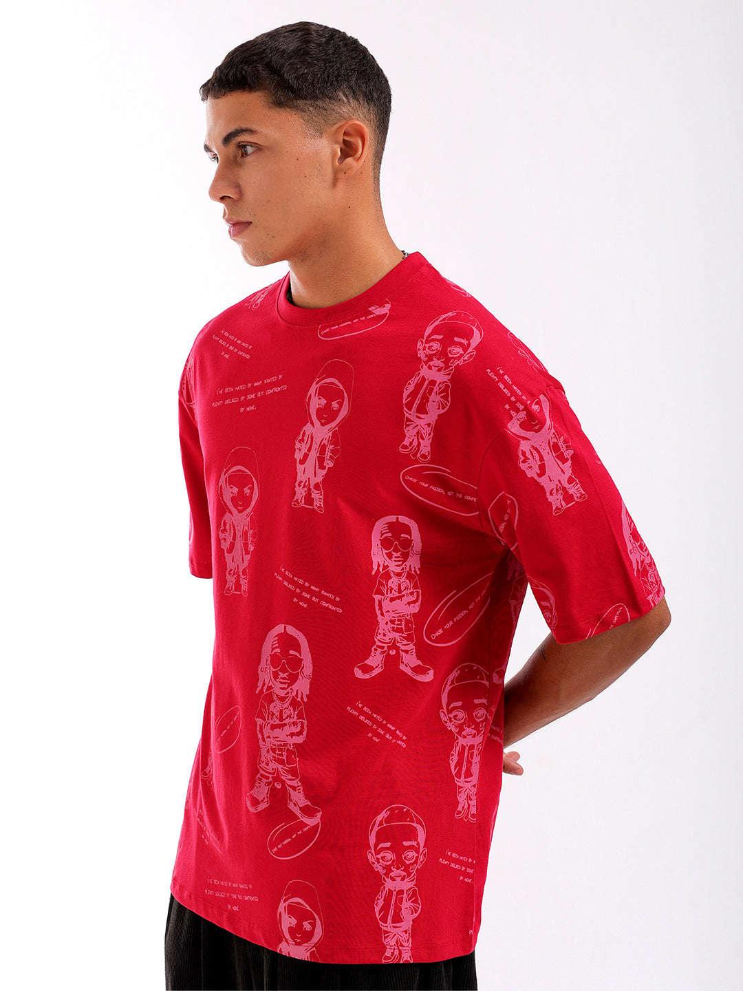 Men's Red Oversized Fit Printed T-Shirt