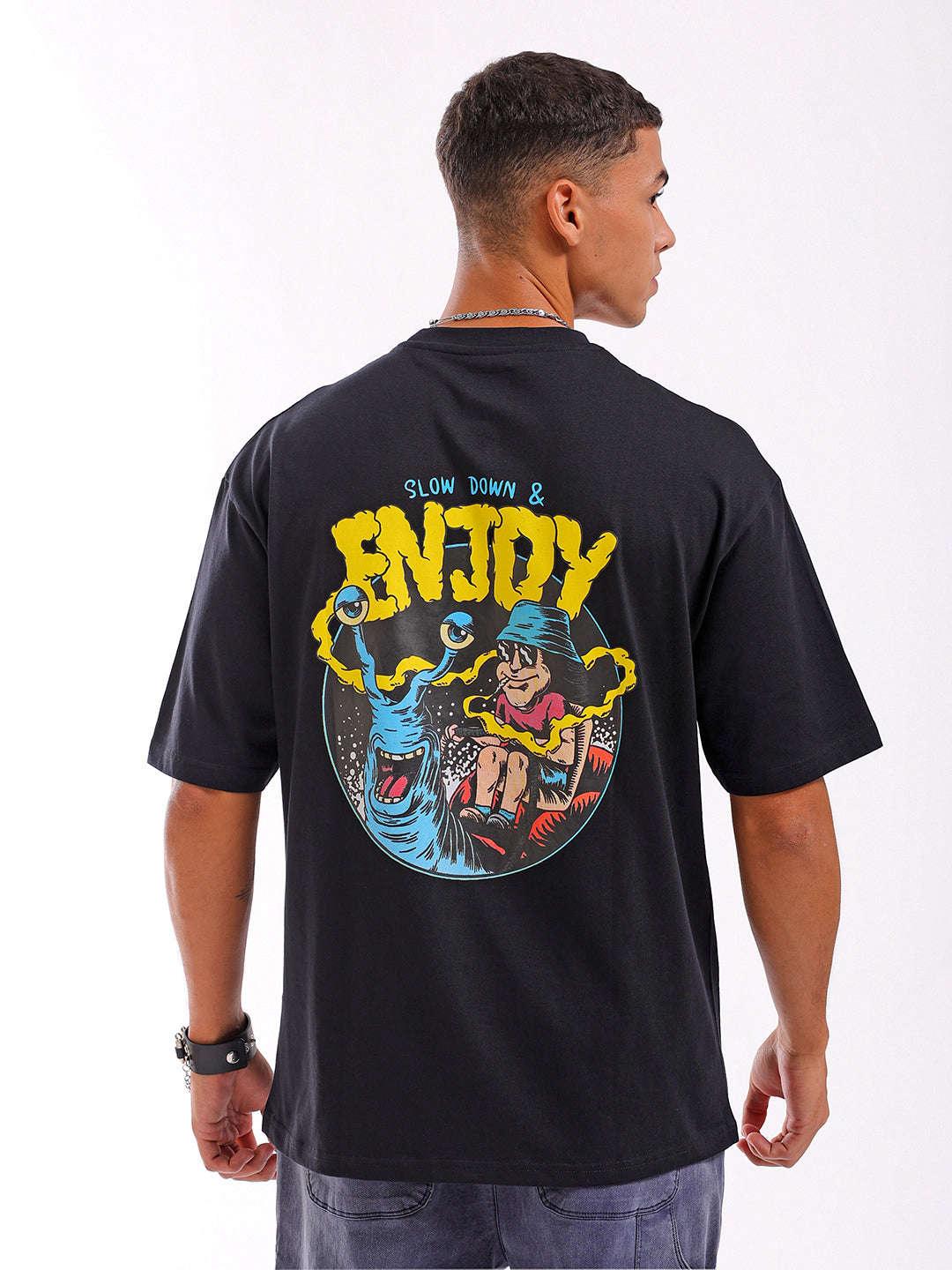 Men's Black Oversized Fit Back Printed T-Shirt