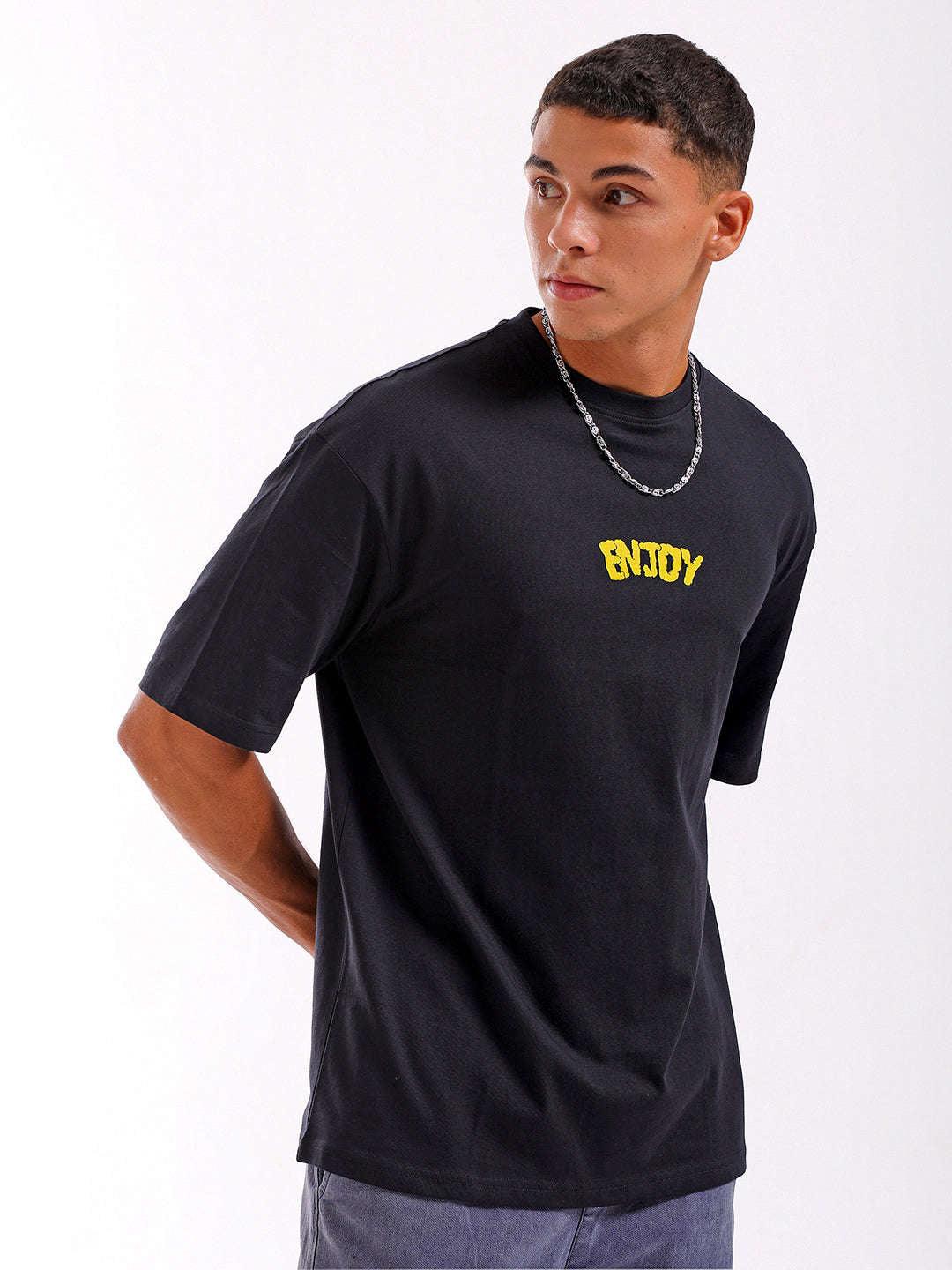 Men's Black Oversized Fit Back Printed T-Shirt