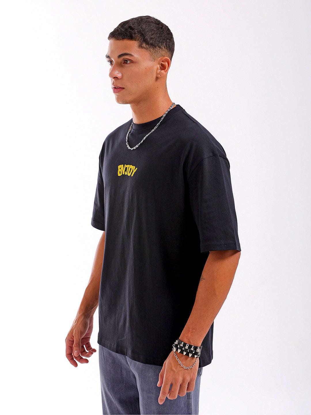 Men's Black Oversized Fit Back Printed T-Shirt