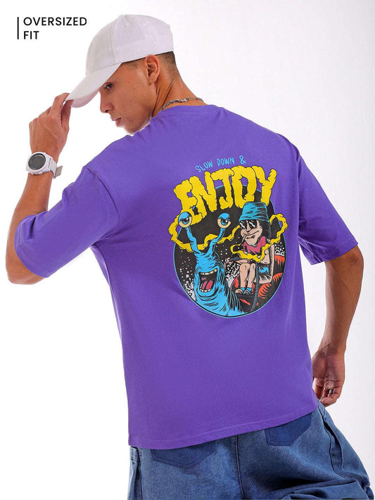 Men's Purple Oversized Fit Back Printed T-Shirt