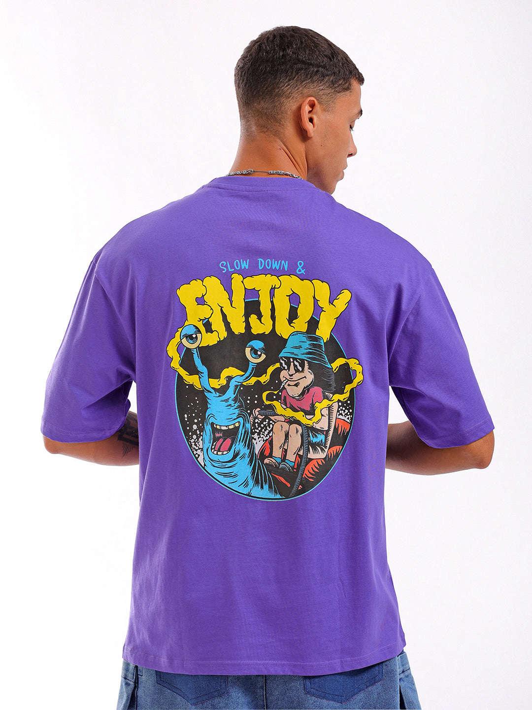 Men's Purple Oversized Fit Back Printed T-Shirt