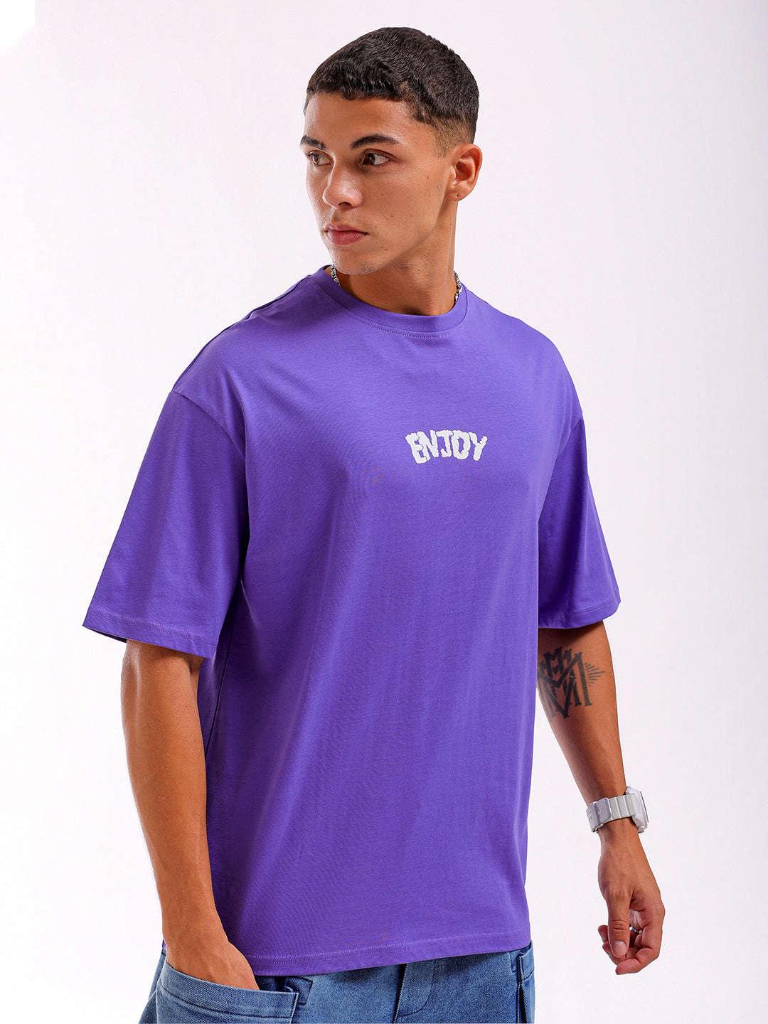 Men's Purple Oversized Fit Back Printed T-Shirt