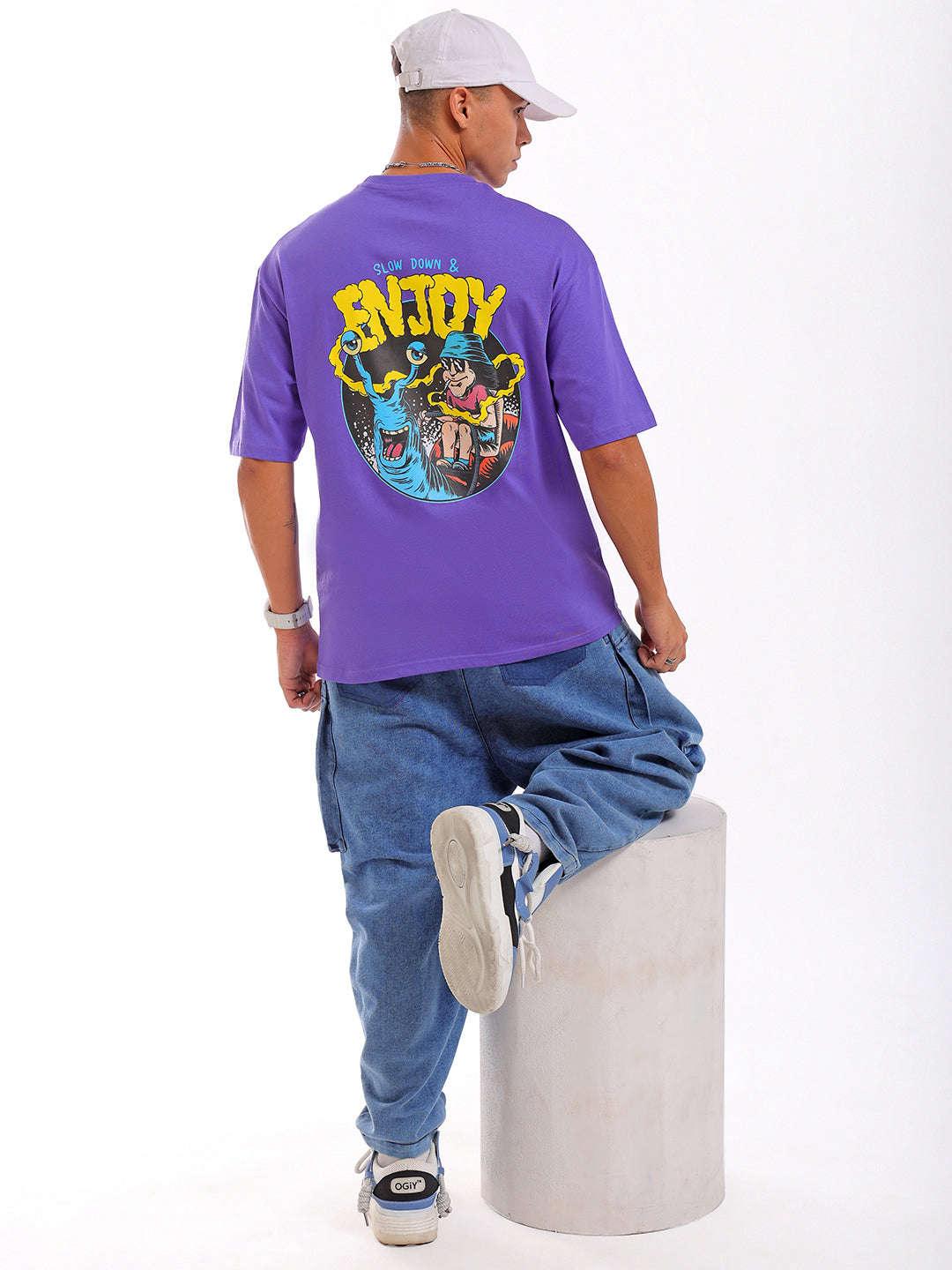 Men's Purple Oversized Fit Back Printed T-Shirt