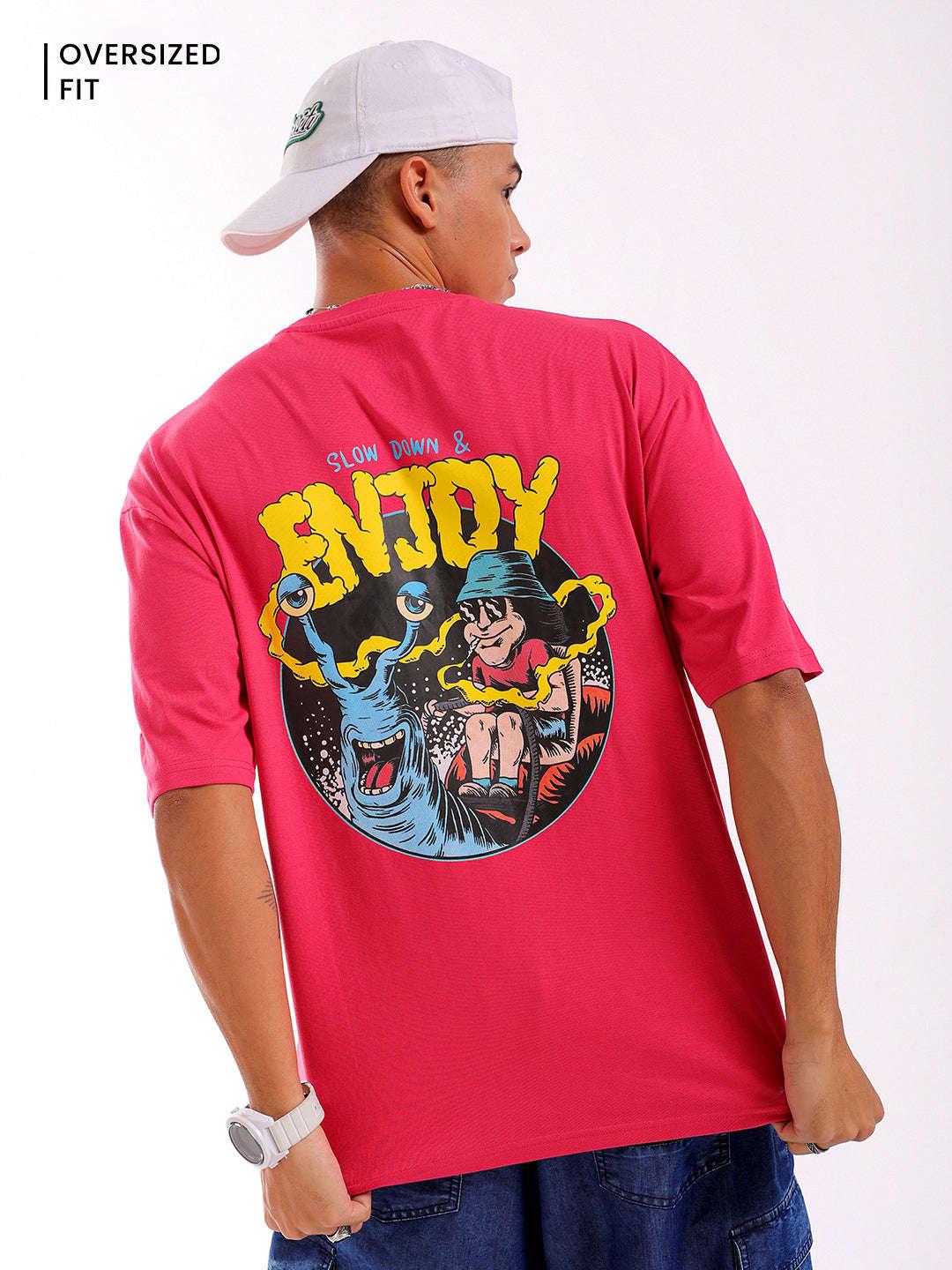 Men's Pink Oversized Fit Back Printed T-Shirt