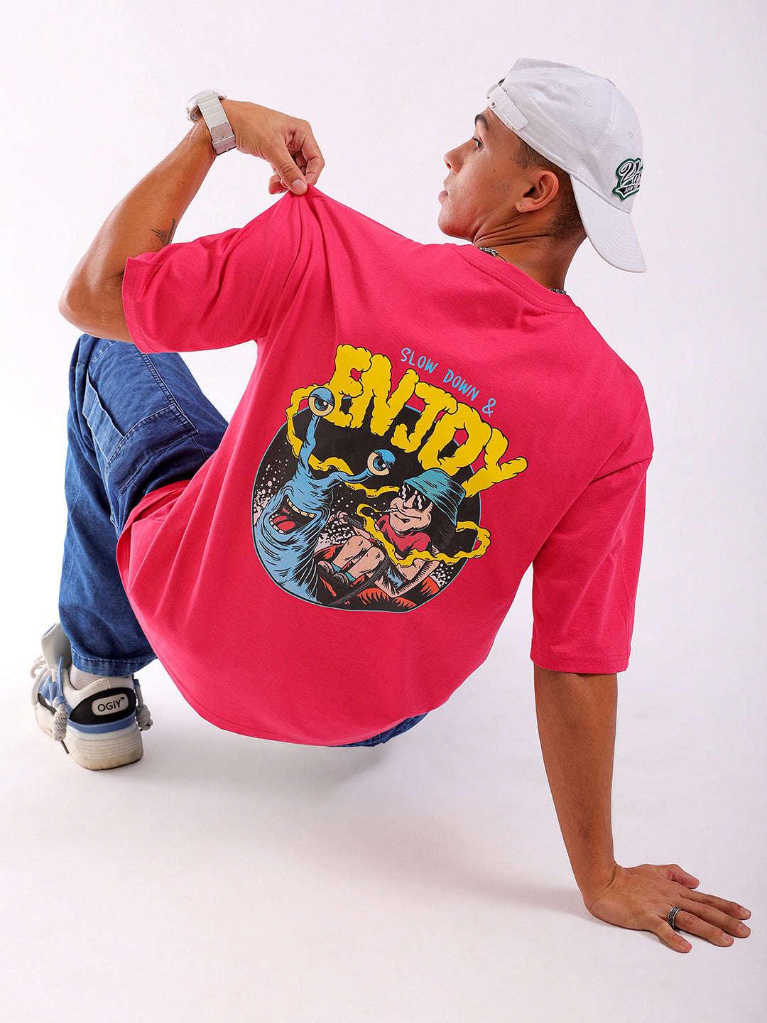 Men's Pink Oversized Fit Back Printed T-Shirt