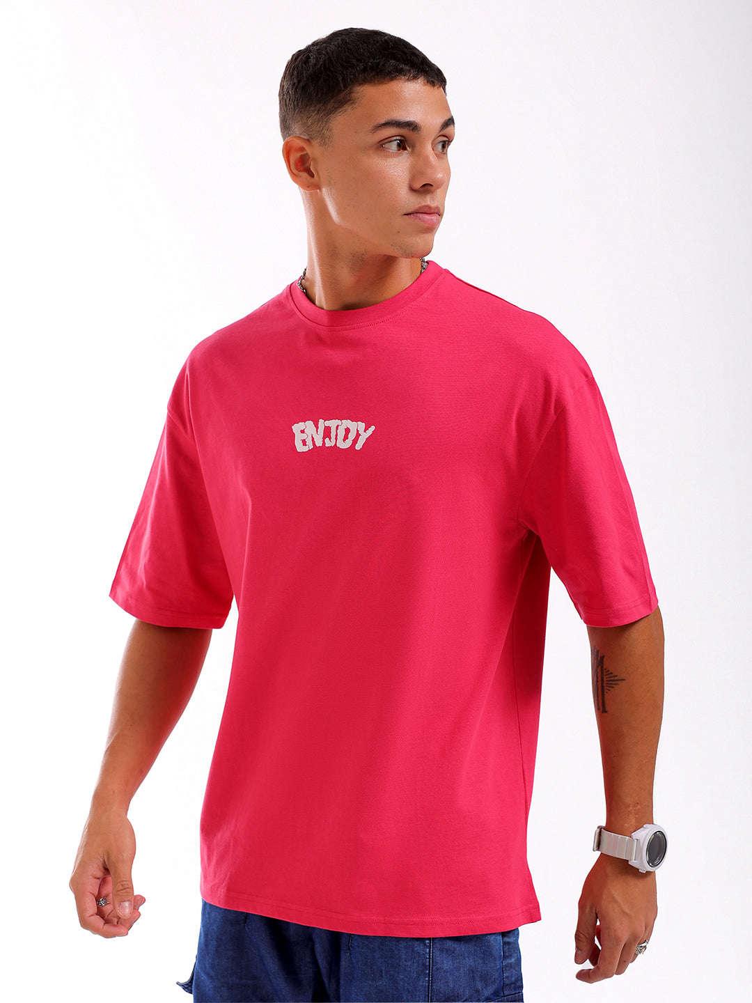 Men's Pink Oversized Fit Back Printed T-Shirt