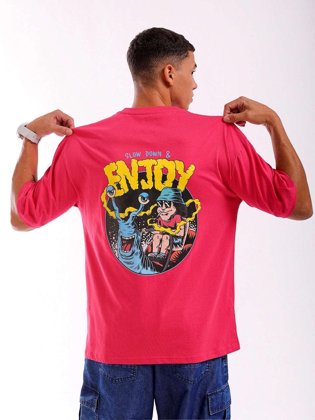 Men's Pink Oversized Fit Back Printed T-Shirt