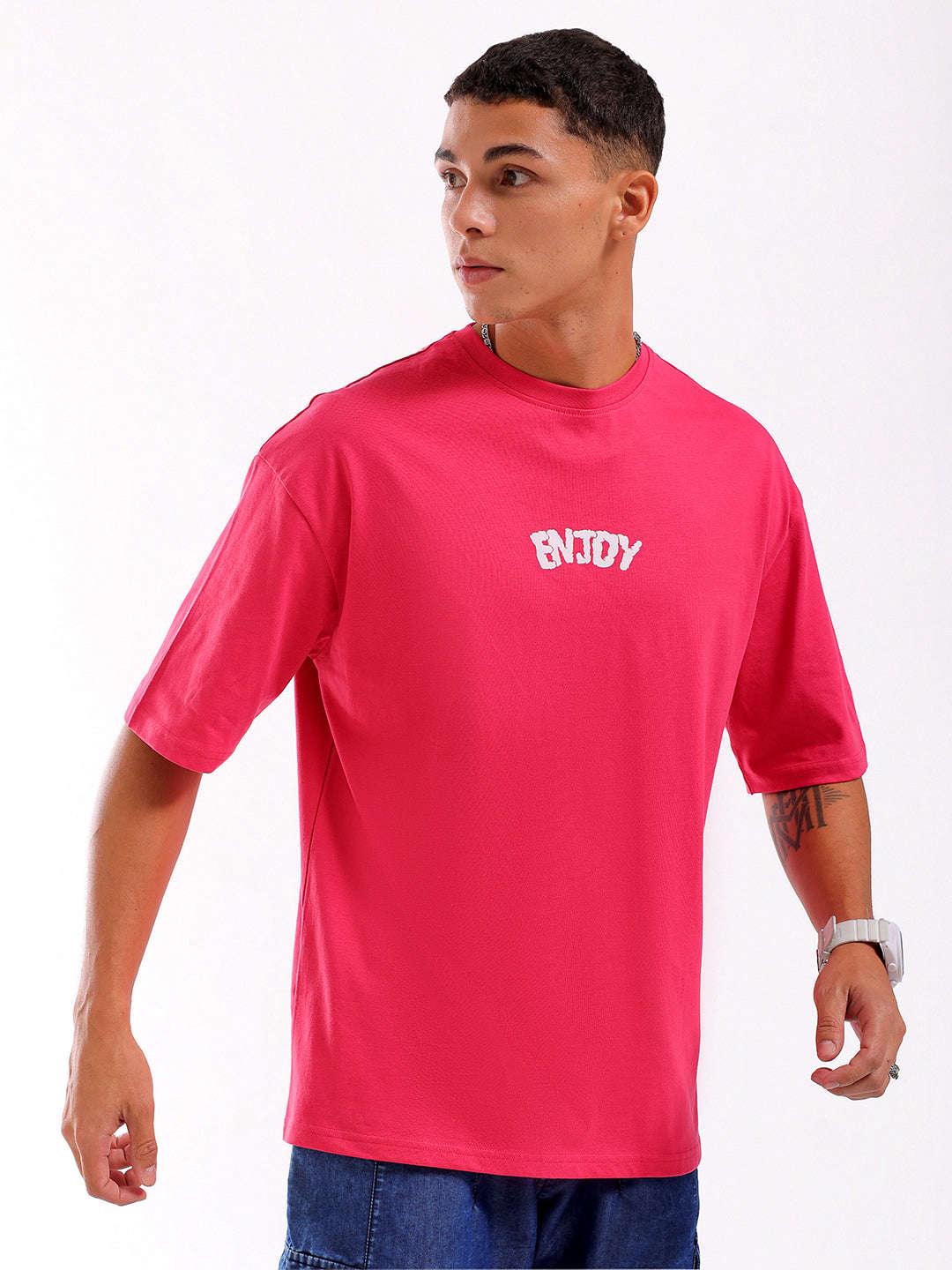 Men's Pink Oversized Fit Back Printed T-Shirt