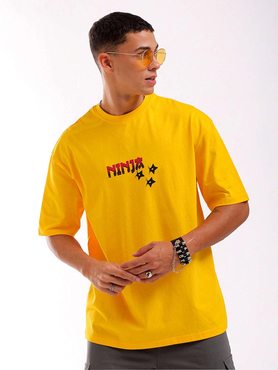 Men's Yellow Oversized Fit Back Printed T-Shirt