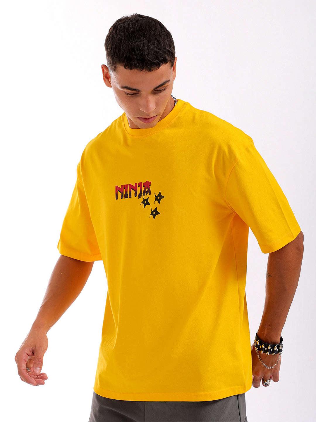 Men's Yellow Oversized Fit Back Printed T-Shirt