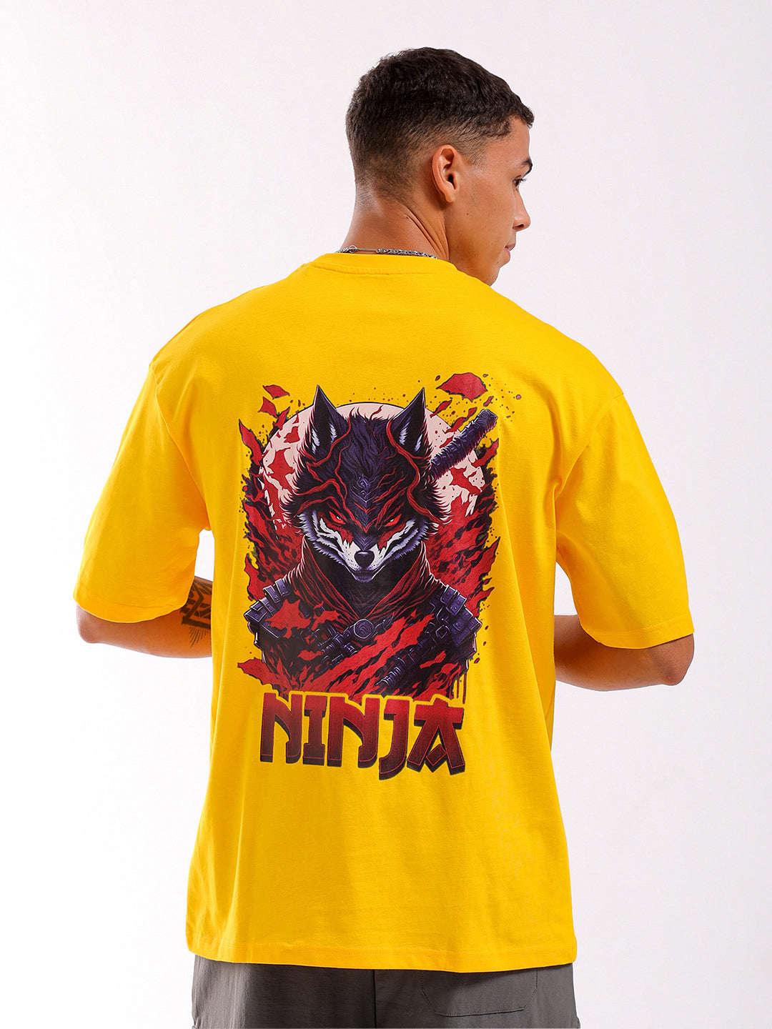 Men's Yellow Oversized Fit Back Printed T-Shirt