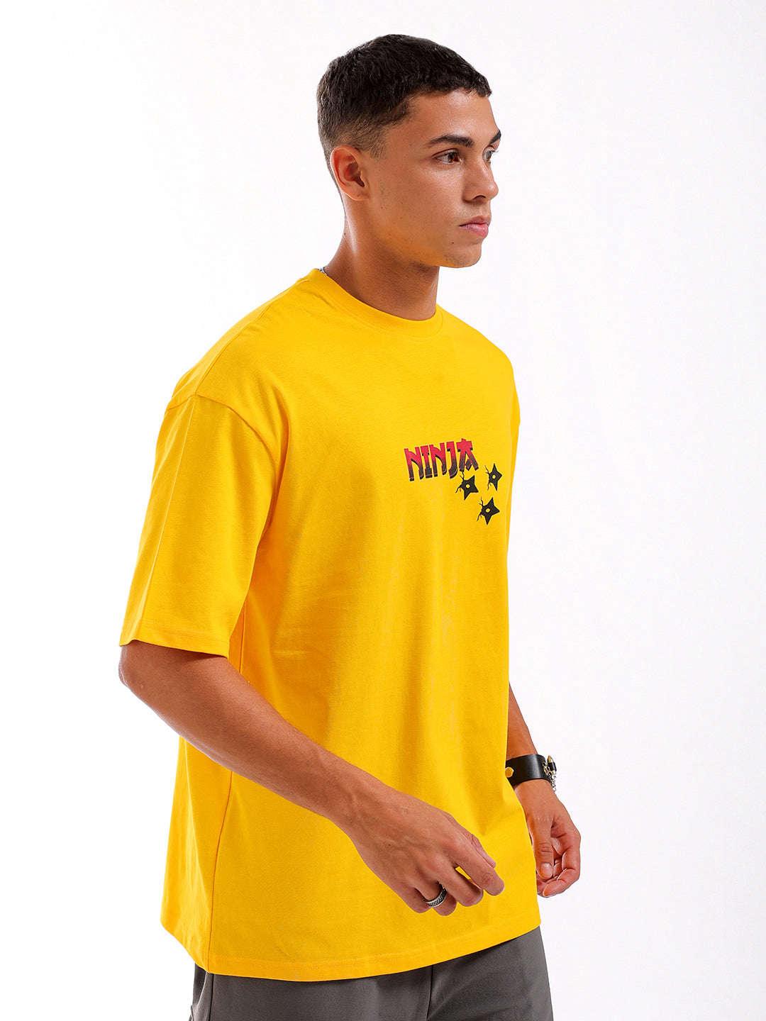 Men's Yellow Oversized Fit Back Printed T-Shirt