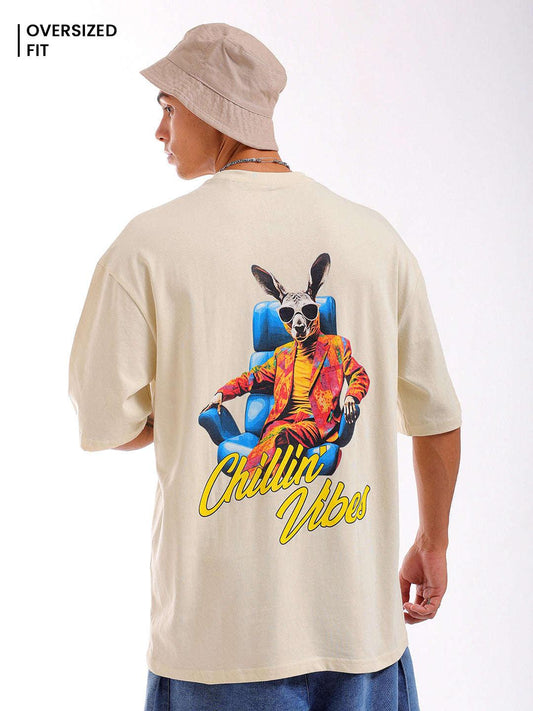 Men's Beige Oversized Fit Back Printed T-Shirt