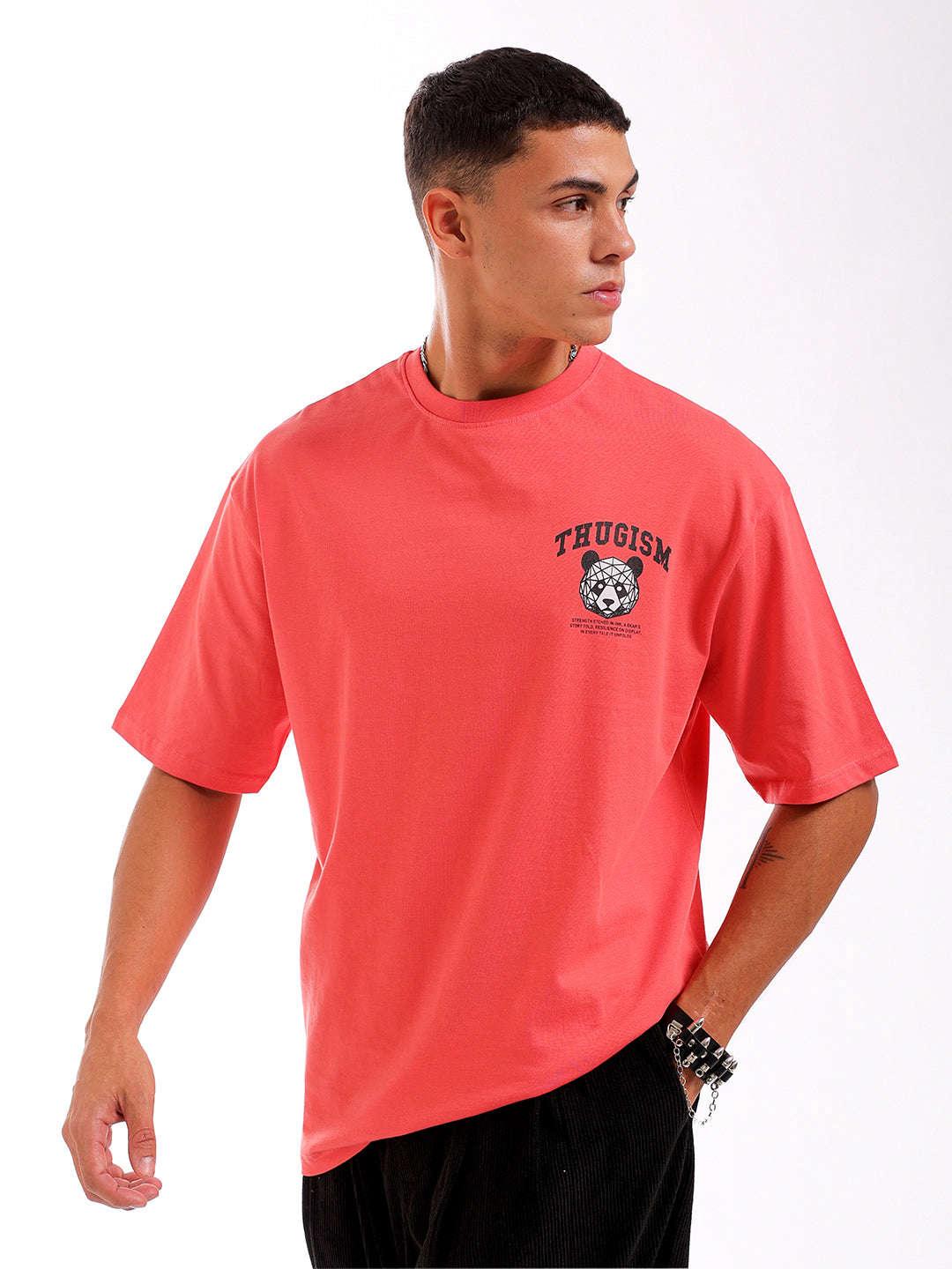 Men's Red Oversized Fit Back Printed T-Shirt