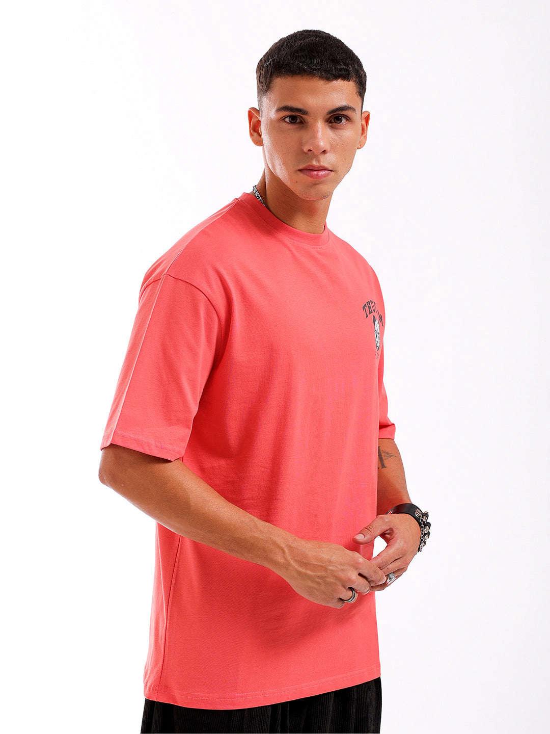 Men's Red Oversized Fit Back Printed T-Shirt