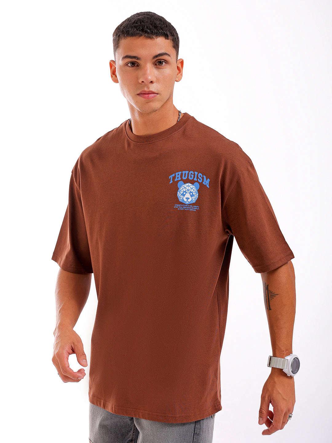 Men's Brown Oversized Fit Back Printed T-Shirt