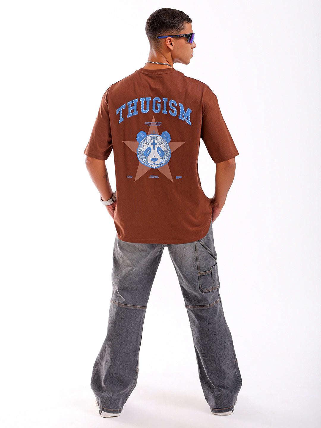 Men's Brown Oversized Fit Back Printed T-Shirt