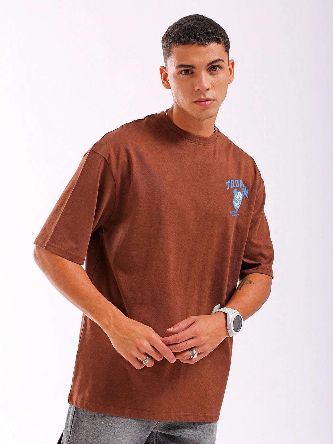 Men's Brown Oversized Fit Back Printed T-Shirt