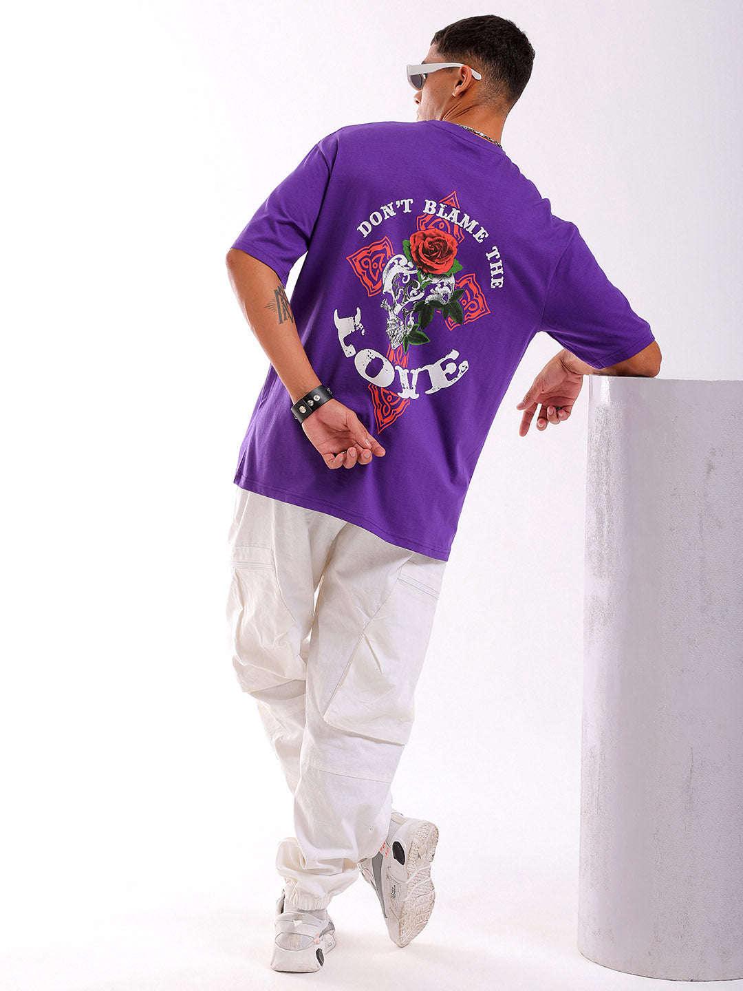 Men's Purple Oversized Fit Back Printed T-Shirt