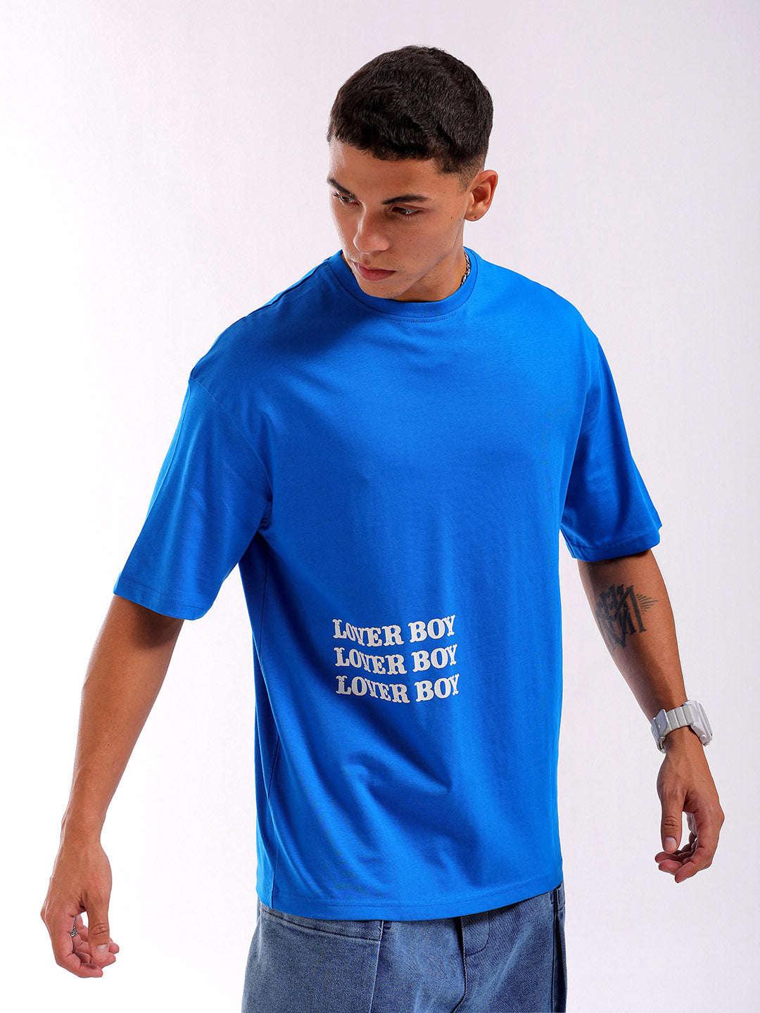 Men's Blue Oversized Fit Back Printed T-Shirt