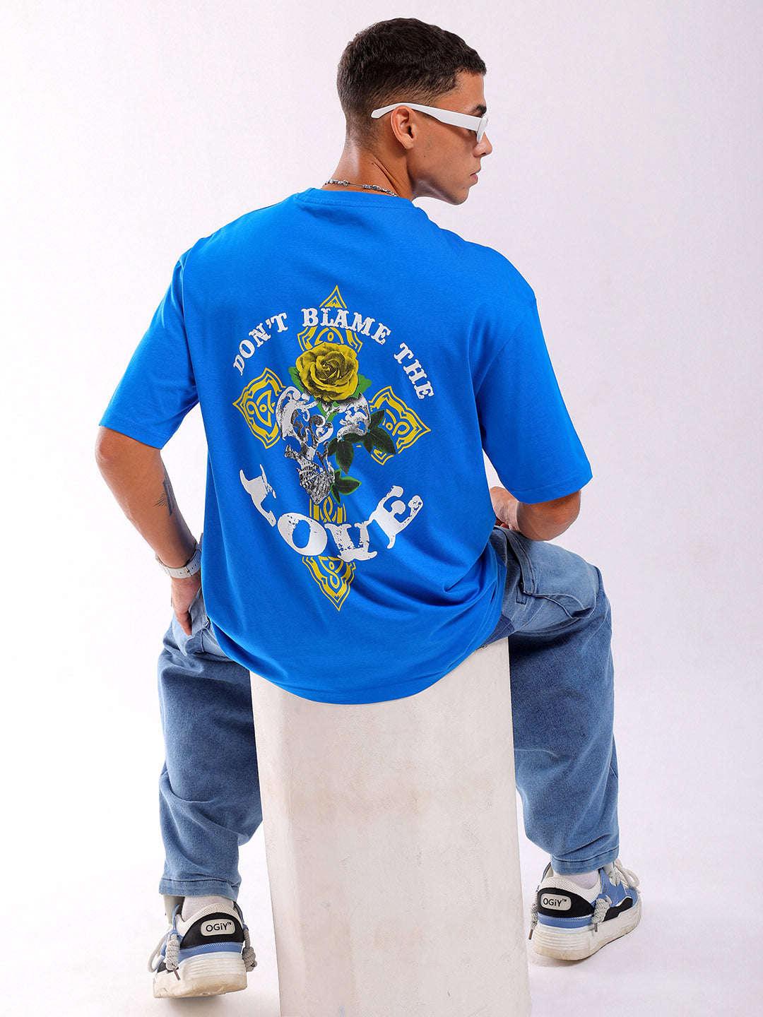 Men's Blue Oversized Fit Back Printed T-Shirt