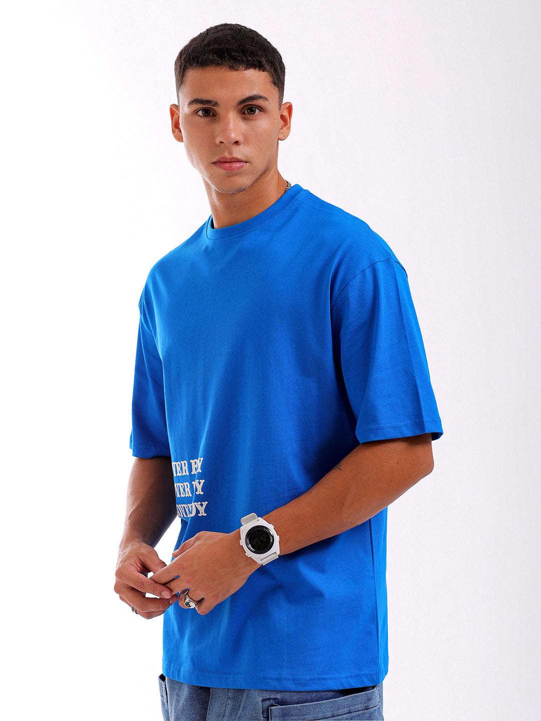 Men's Blue Oversized Fit Back Printed T-Shirt