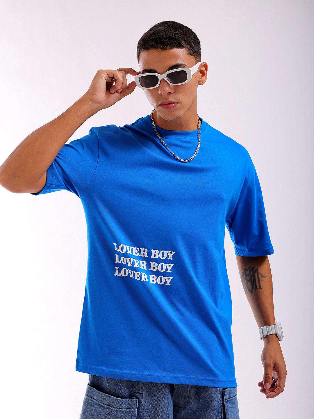 Men's Blue Oversized Fit Back Printed T-Shirt