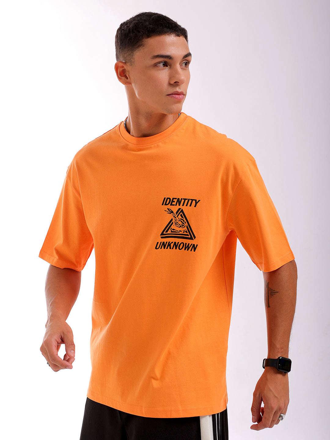 Men's Orange Oversized Fit Back Printed T-Shirt