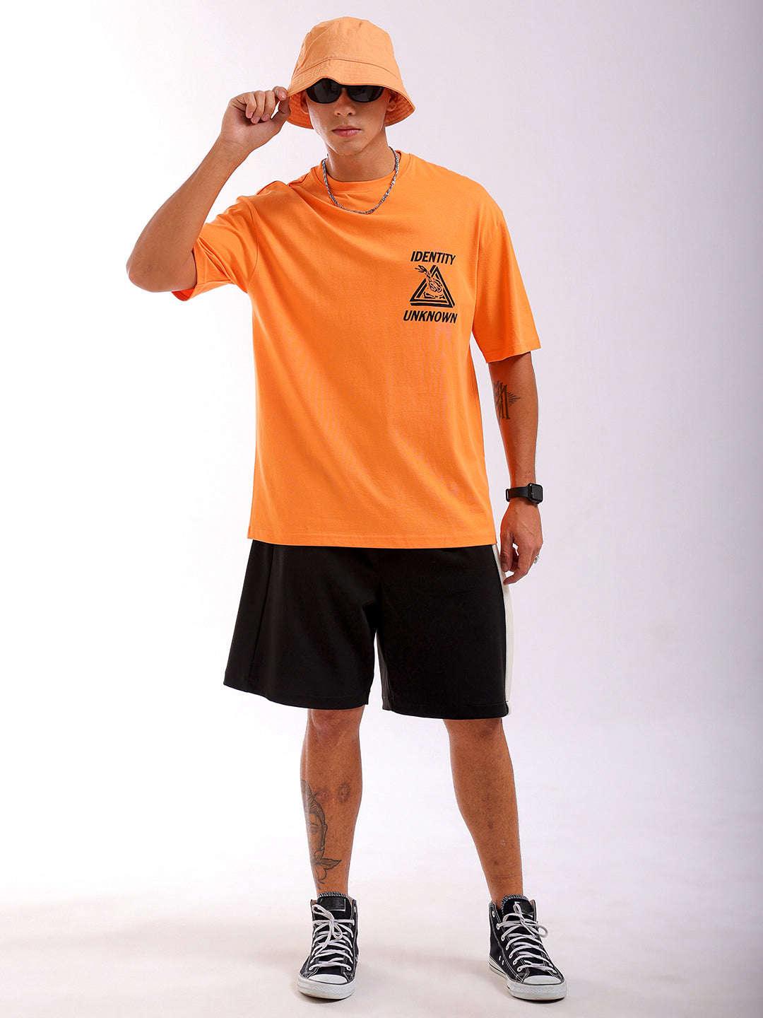 Men's Orange Oversized Fit Back Printed T-Shirt