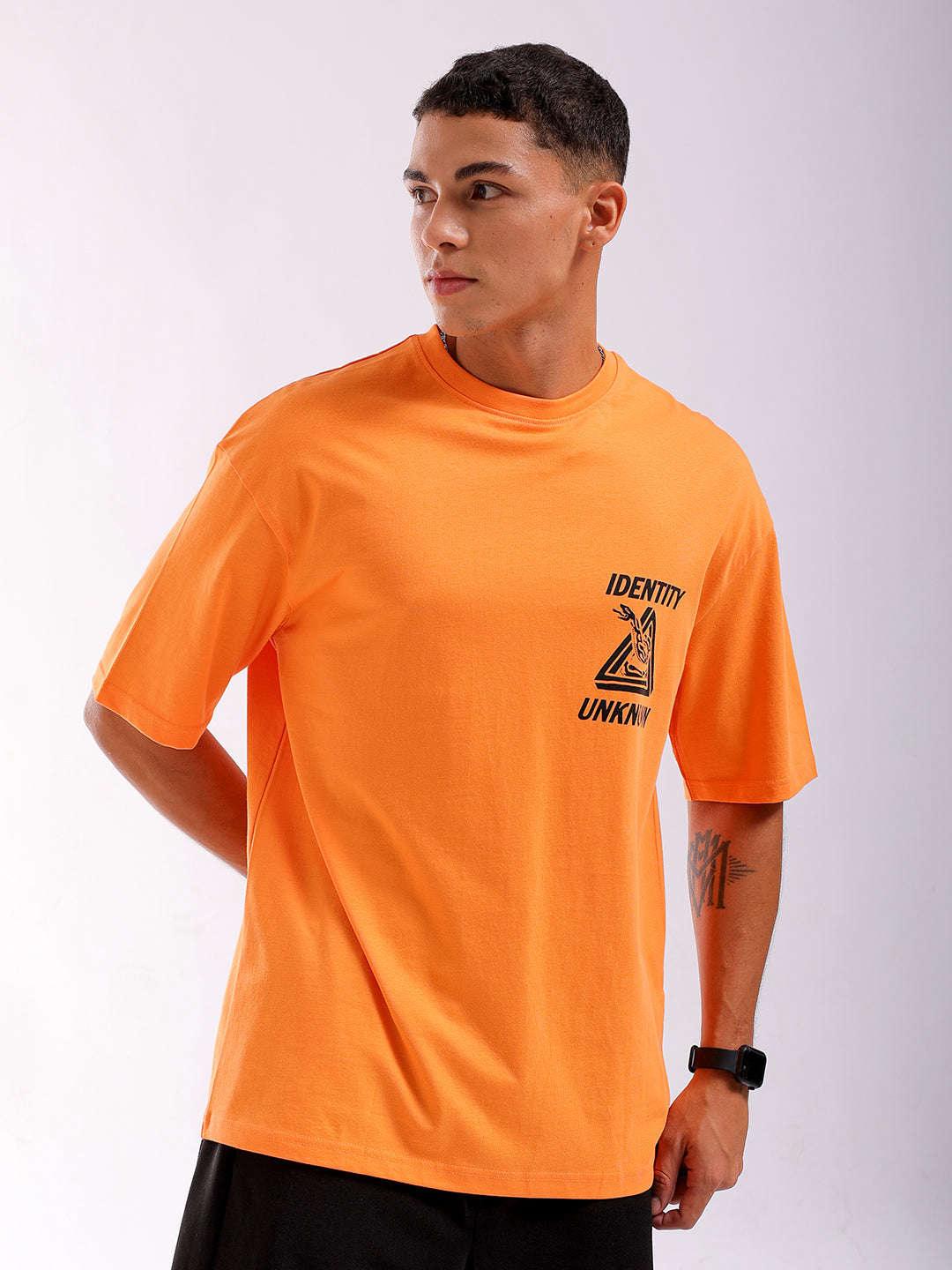 Men's Orange Oversized Fit Back Printed T-Shirt