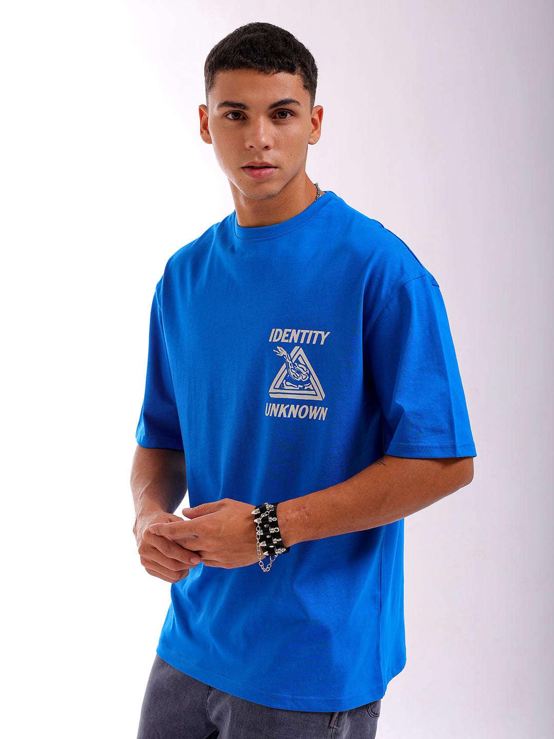 Men's Blue Oversized Fit Back Printed T-Shirt