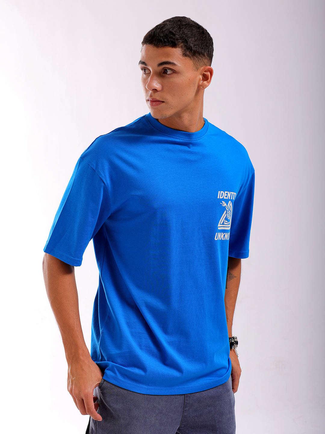 Men's Blue Oversized Fit Back Printed T-Shirt