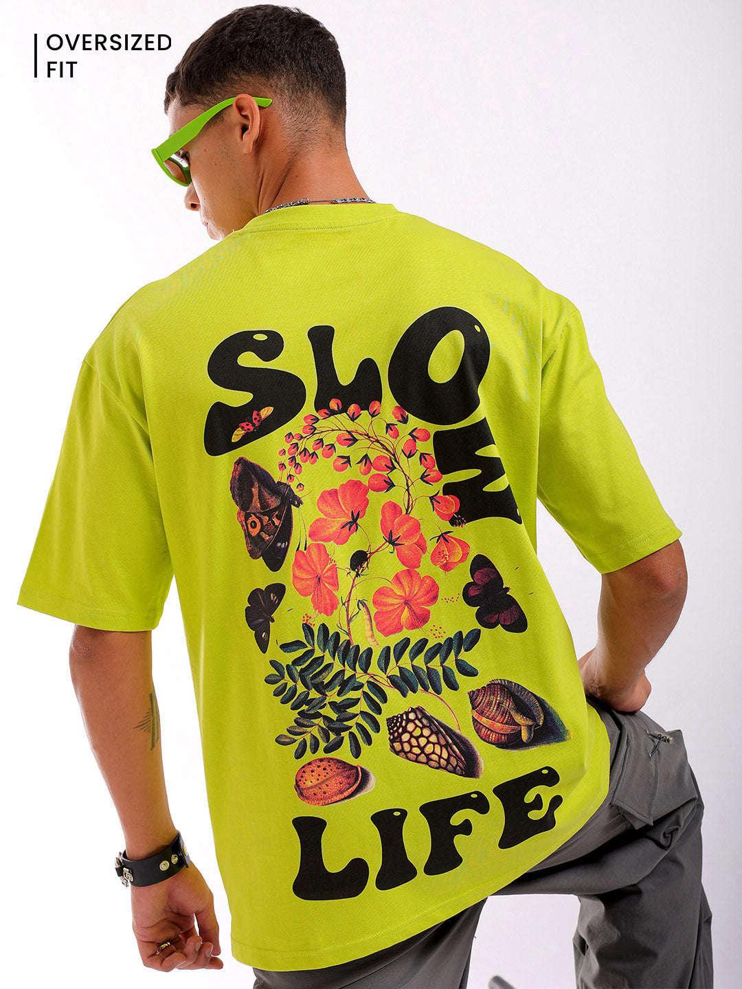 Men's Green Oversized Fit Back Printed T-Shirt