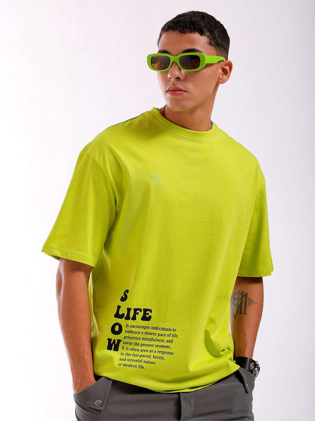 Men's Green Oversized Fit Back Printed T-Shirt