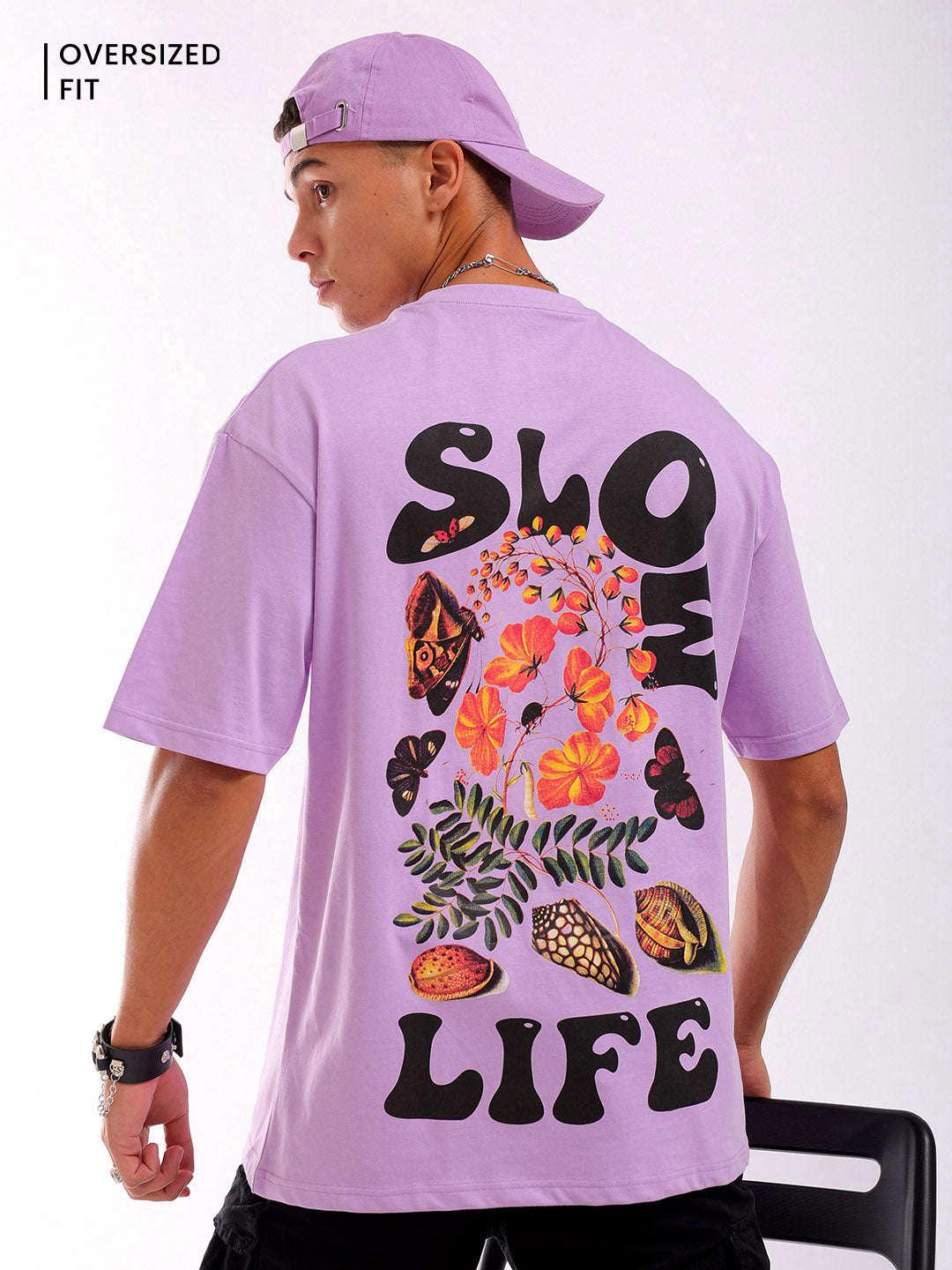 Men's Purple Oversized Fit Back Printed T-Shirt