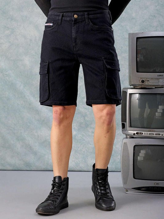 Men's Black Relaxed Fit Solid Denim Shorts