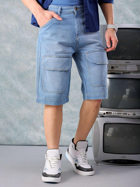 Men's Blue Relaxed Fit Solid Denim Cargo Shorts