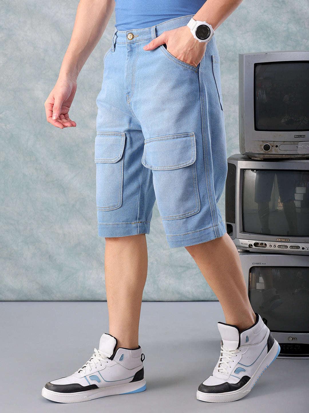 Men's Blue Relaxed Fit Solid Denim Cargo Shorts