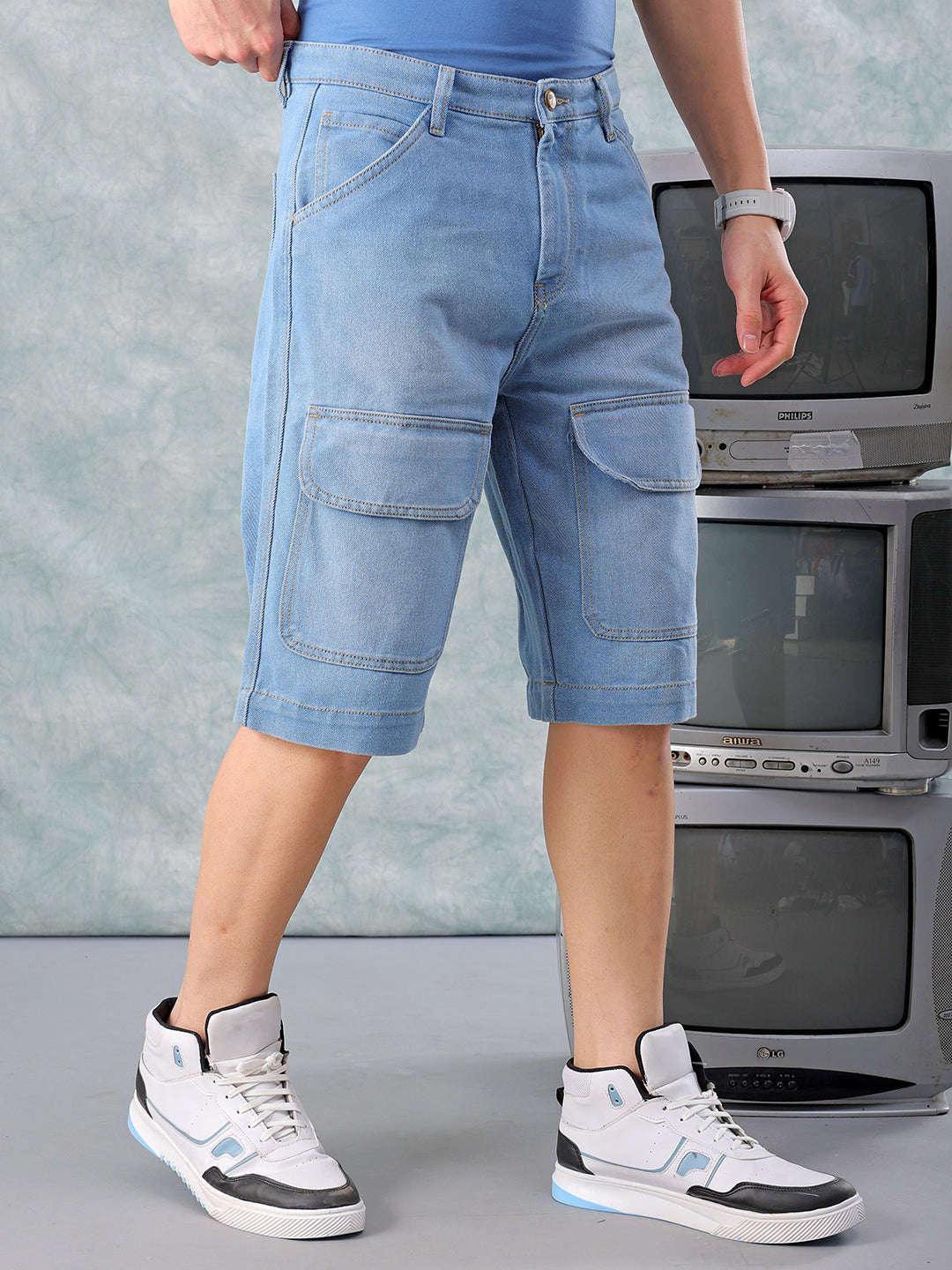 Men's Blue Relaxed Fit Solid Denim Cargo Shorts