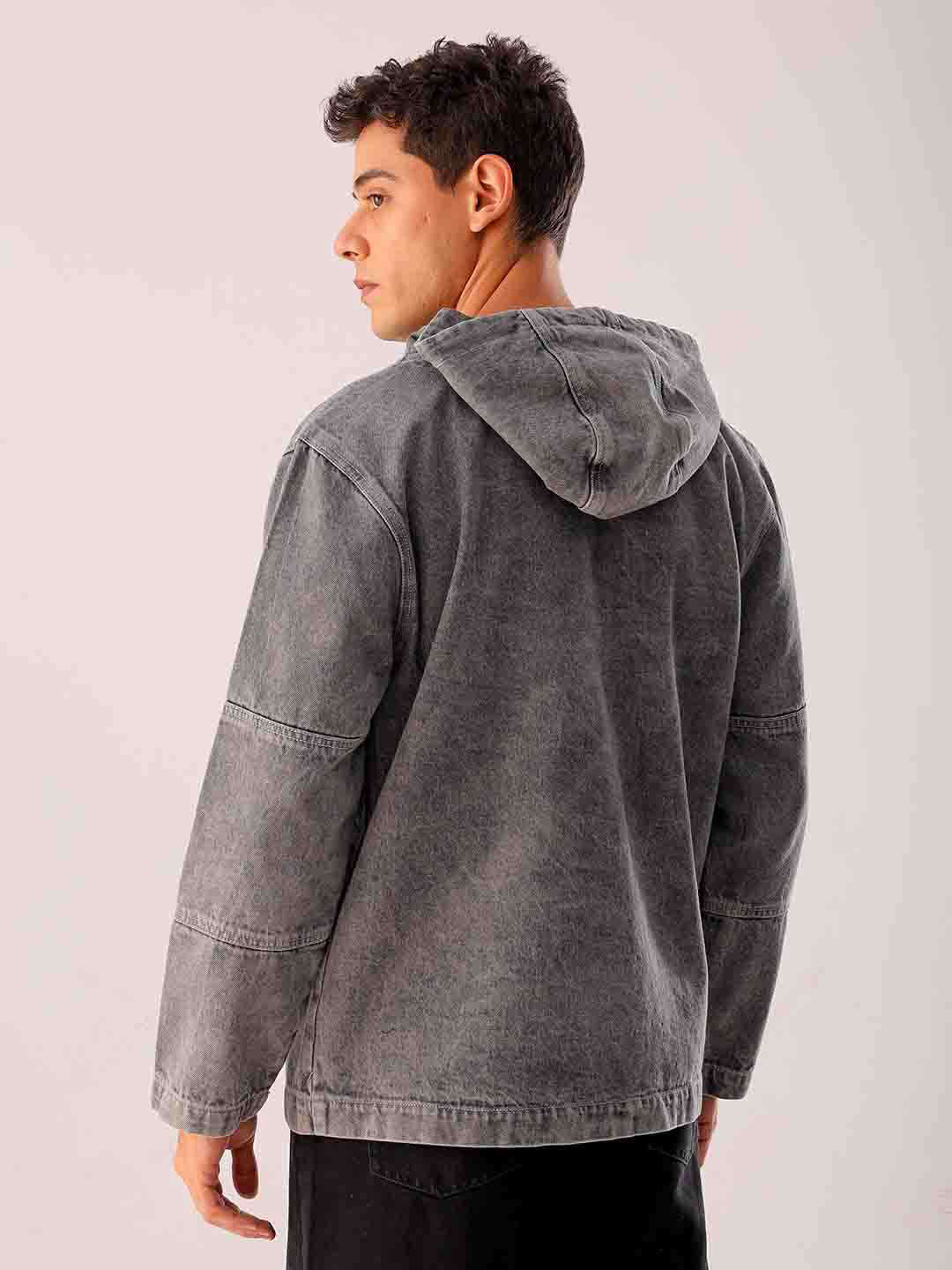 Men's Grey Relaxed Fit Solid Hooded Denim Jacket